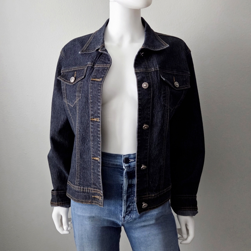 LIFO World Standard Dark Stretch Denim Jacket W/ Embroidered Flower, Size 2XL